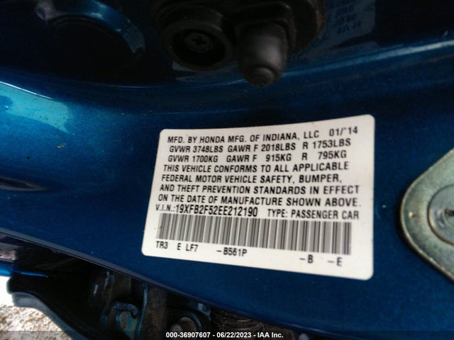 2014 HONDA CIVIC LX VIN: 19XFB2F52EE212190