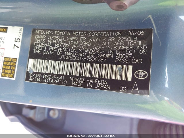 Aukcja sprzedaży 2006 Toyota Prius, vin: JTDKB20U767508287, numer aukcji: 36907745