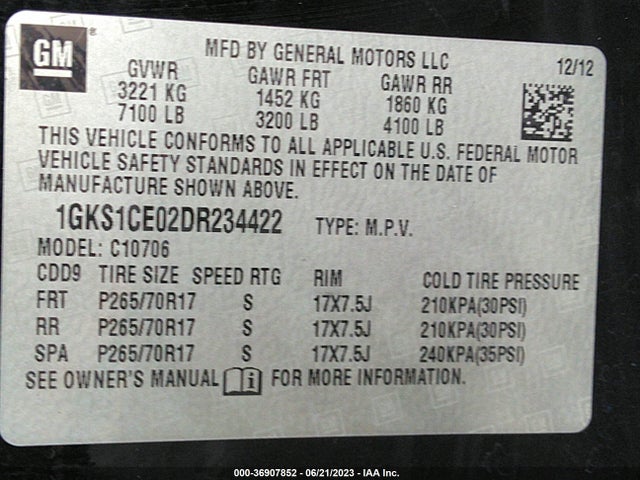 2013 GMC YUKON SLT VIN: 1GKS1CE02DR234422
