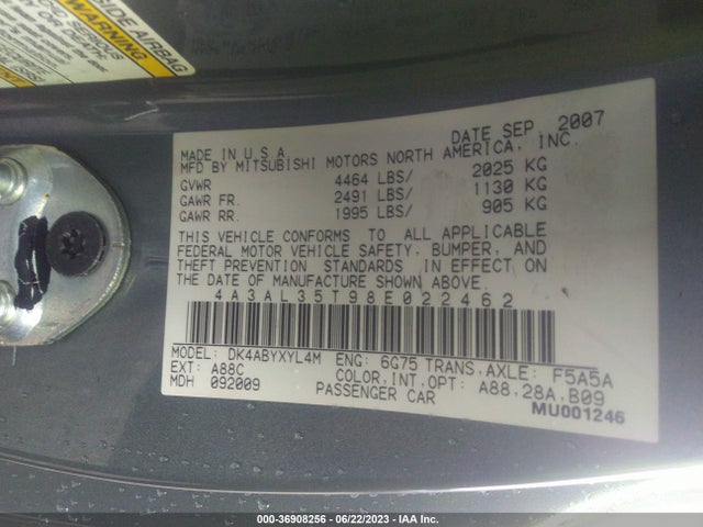 2008 MITSUBISHI ECLIPSE GT VIN: 4A3AL35T98E022462