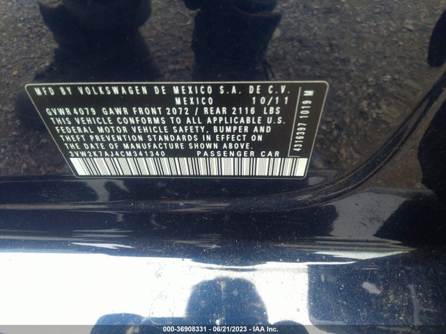 2012 VOLKSWAGEN JETTA SEDAN S VIN: 3VW2K7AJ4CM341340