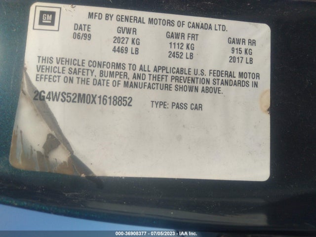 1999 BUICK CENTURY CUSTOM VIN: 2G4WS52M0X1618852