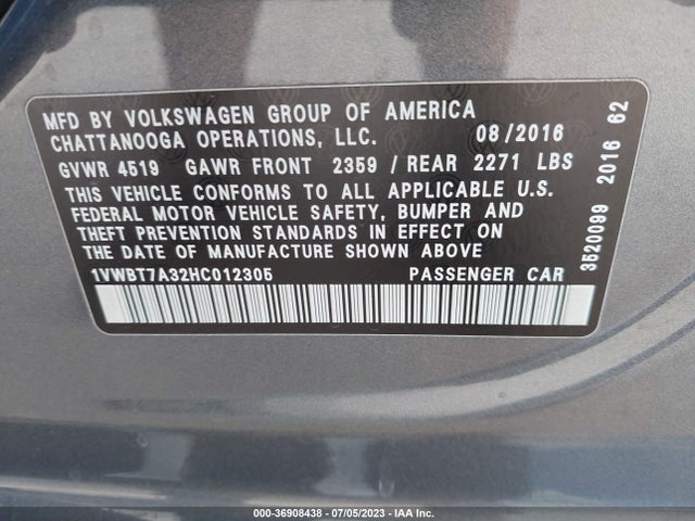 1VWBT7A32HC012305 Volkswagen Passat 1.8t Se