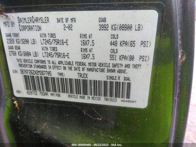 2002 DODGE RAM 2500 VIN: 3B7KF26ZX2M267705