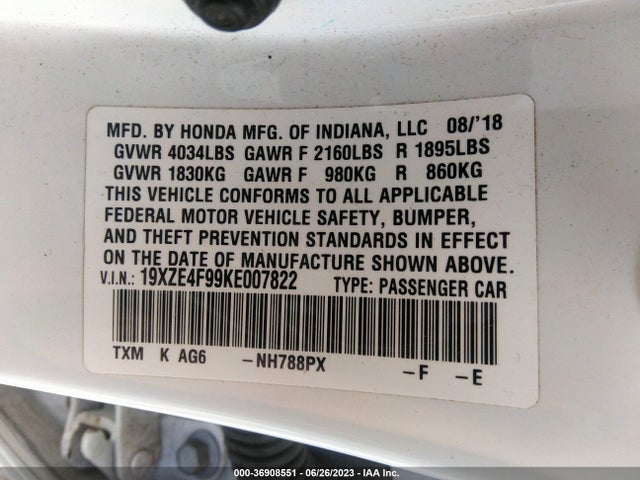 2019 HONDA INSIGHT TOURING VIN: 19XZE4F99KE007822