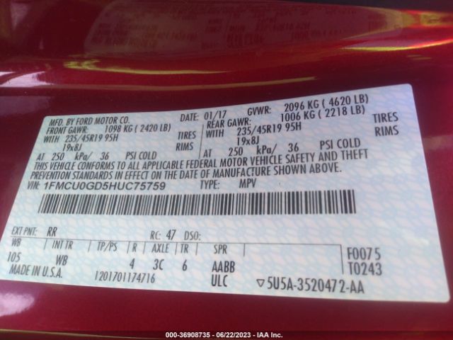 1FMCU0GD5HUC75759 Ford ESCAPE SE