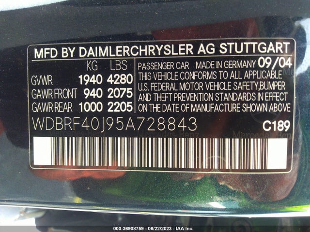Aukcja sprzedaży 2005 Mercedes-benz C-class 1.8l, vin: WDBRF40J95A728843, numer aukcji: 36908759