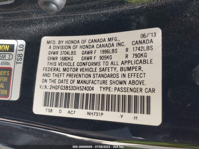 2013 HONDA CIVIC CPE LX VIN: 2HGFG3B53DH524004