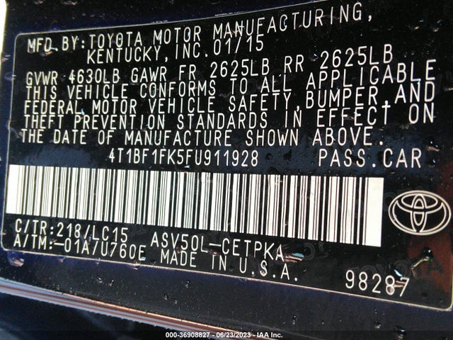 2015 TOYOTA CAMRY XLE/SE/LE/XSE VIN: 4T1BF1FK5FU911928