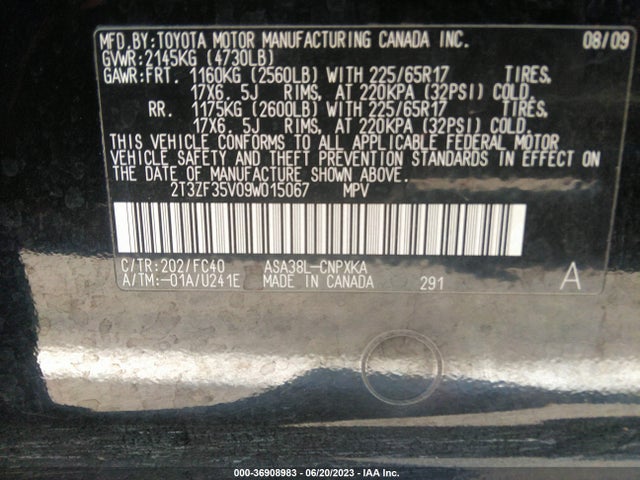 2009 TOYOTA RAV4 VIN: 2T3ZF35V09W015067
