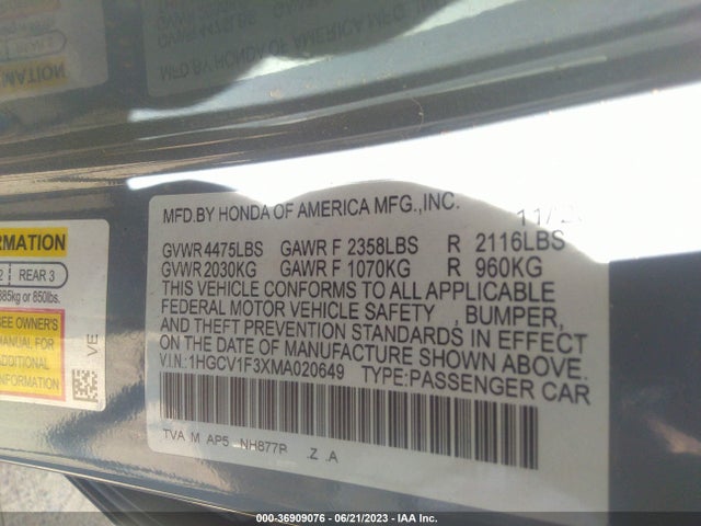 2021 HONDA ACCORD SEDAN SPORT VIN: 1HGCV1F3XMA020649