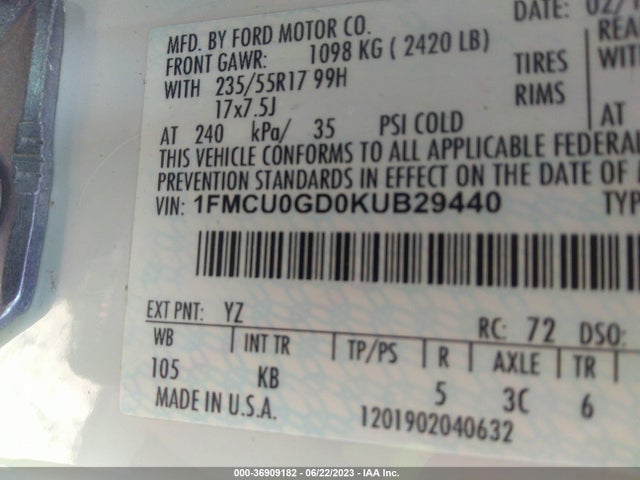 2019 FORD ESCAPE SE VIN: 1FMCU0GD0KUB29440