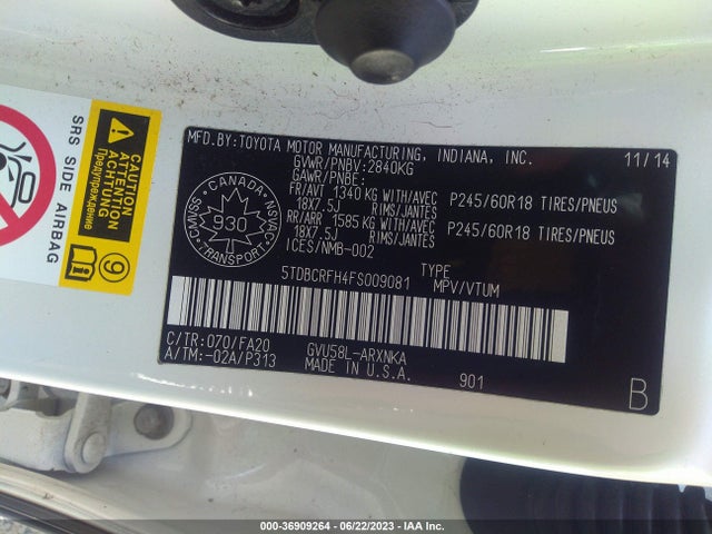 Toyota Highlander Hybrid Le 2015 5TDBCRFH4FS009081 Image 15
