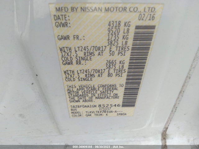 2016 Nissan NV, VIN: 5BZBF0AA1GN852546