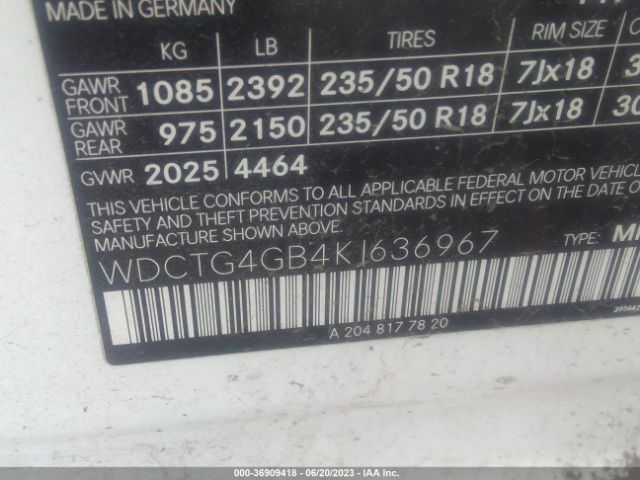 WDCTG4GB4KJ636967 Mercedes-Benz Gla Gla 250