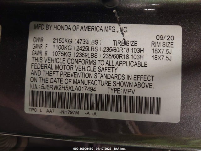 Honda CR-V EX 2020 5J6RW2H5XLA017494 Image 9