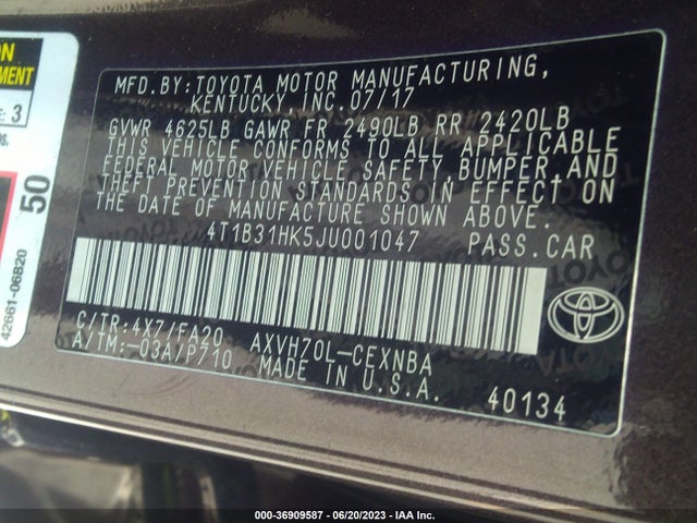 2018 TOYOTA CAMRY HYBRID VIN: 4T1B31HK5JU001047