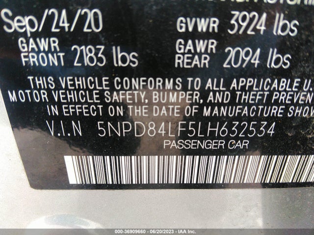 2020 HYUNDAI ELANTRA SEL VIN: 5NPD84LF5LH632534