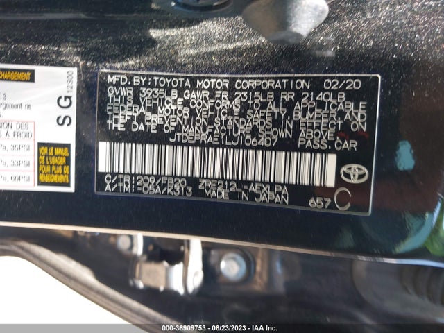 2020 TOYOTA COROLLA LE VIN: JTDEPRAE1LJ106407