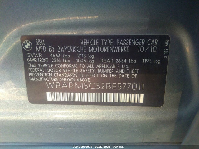 2011 BMW 3 SERIES 335I VIN: WBAPM5C52BE577011