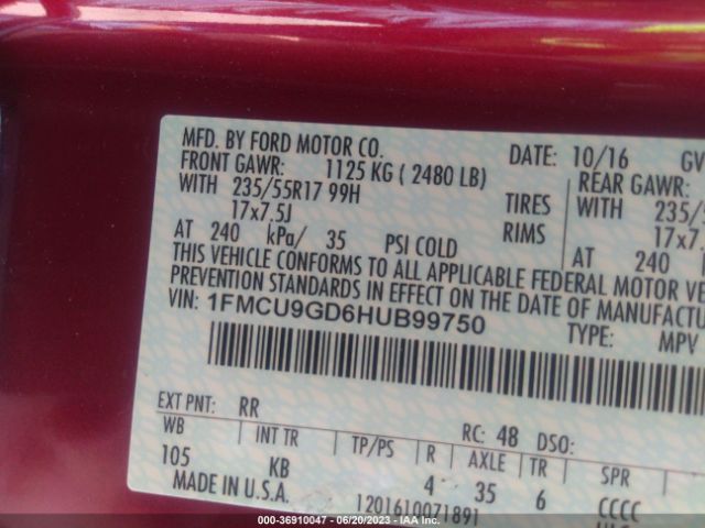 1FMCU9GD6HUB99750 Ford ESCAPE SE
