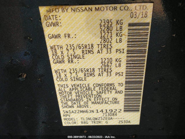 Nissan MURANO SV 2018 5N1AZ2MH6JN141922 Image 9