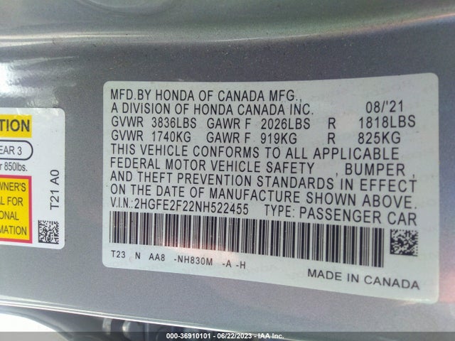Honda Civic Sedan Lx 2022 2HGFE2F22NH522455 Image 15