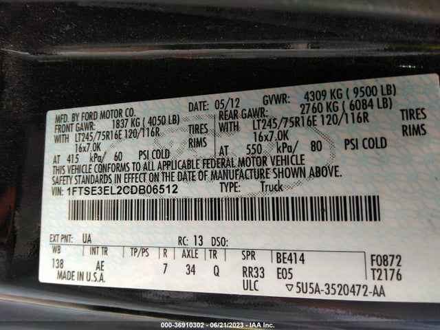 2012 FORD ECONOLINE CARGO VAN SUPER DUTY VIN: 1FTSE3EL2CDB06512
