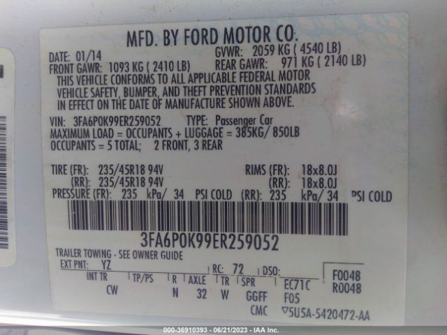 3FA6P0K99ER259052 Ford Fusion Titanium
