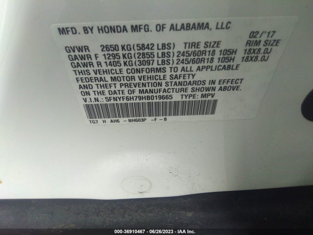 Honda Pilot Ex-l 2017 5FNYF6H79HB019665 Image 9