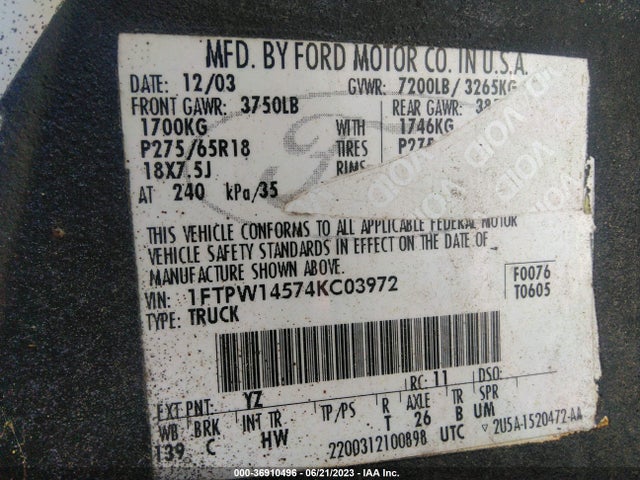 2004 FORD F-150 XLT/FX4/LARIAT VIN: 1FTPW14574KC03972