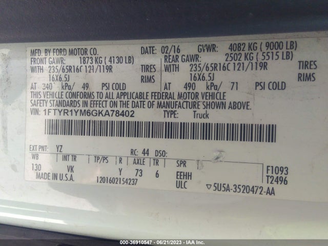 Ford TRANSIT CARGO VAN 2016 1FTYR1YM6GKA78402 Image 12