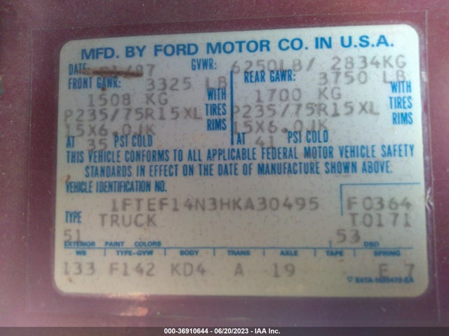 1987 FORD F150 VIN: 1FTEF14N3HKA30495
