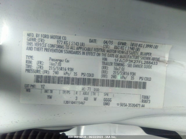 2015 FORD FOCUS SE VIN: 1FADP3K27FL288433