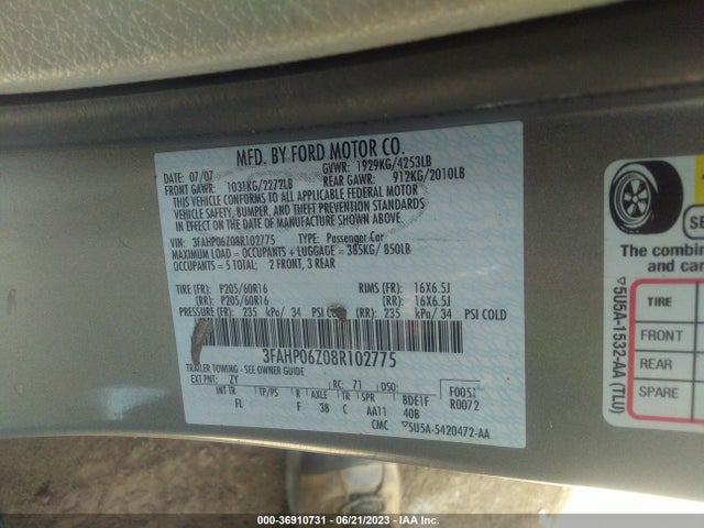 2008 FORD FUSION S VIN: 3FAHP06Z08R102775
