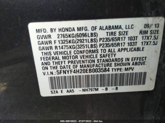 2014 HONDA PILOT LX VIN: 5FNYF4H20EB003584