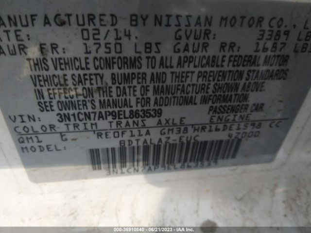 3N1CN7AP9EL863539 Nissan Versa S Plus