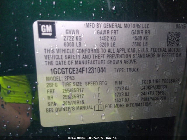 2015 CHEVROLET COLORADO 4WD Z71 VIN: 1GCGTCE34F1231044