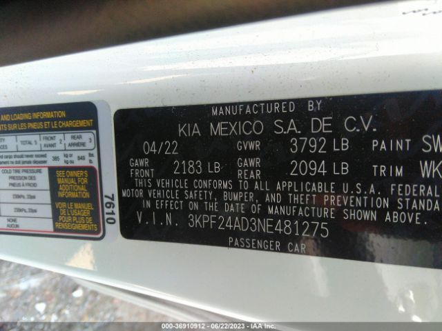 3KPF24AD3NE481275 KIA Forte Lxs