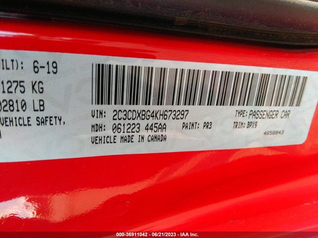 2019 DODGE CHARGER SXT VIN: 2C3CDXBG4KH673297