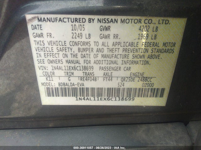 2006 NISSAN ALTIMA 2.5 S VIN: 1N4AL11EX6C138699