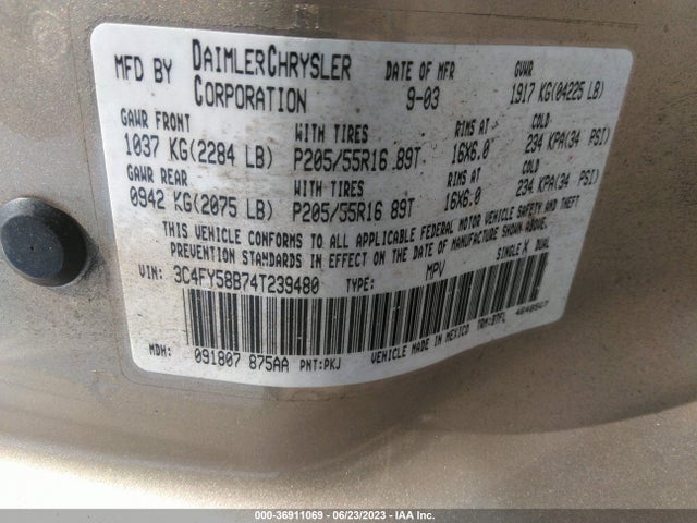 2004 CHRYSLER PT CRUISER TOURING VIN: 3C4FY58B74T239480
