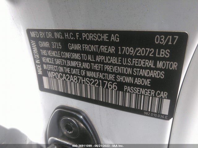 2017 Porsche Boxster, VIN: WP0CA2A87HS221766
