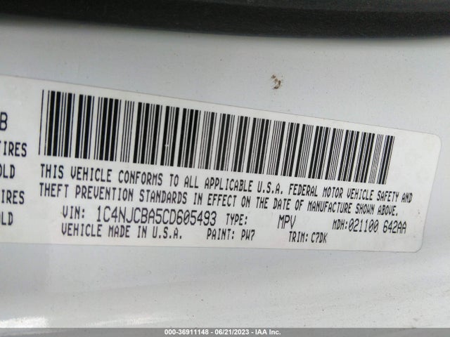 2012 JEEP COMPASS SPORT VIN: 1C4NJCBA5CD605493
