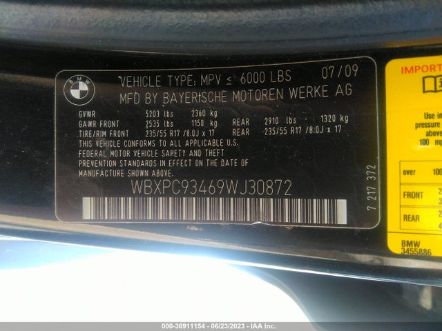 36911154 :رقم المزاد ، WBXPC93469WJ30872 vin ، 2009 Bmw X3 Xdrive30i مزاد بيع