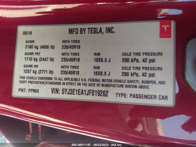 Tesla Model 3 Range Battery 2018 5YJ3E1EA1JF019262 Image 16