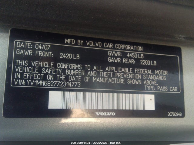 2007 VOLVO S40 2.5L TURBO VIN: YV1MH682772314773