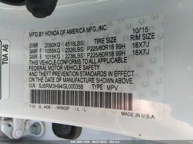 Honda Cr-v Touring 2016 5J6RM3H94GL000358 Image 9
