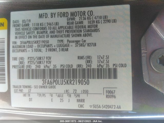 3FA6P0LU5KR219050 Ford Fusion Hybrid Se