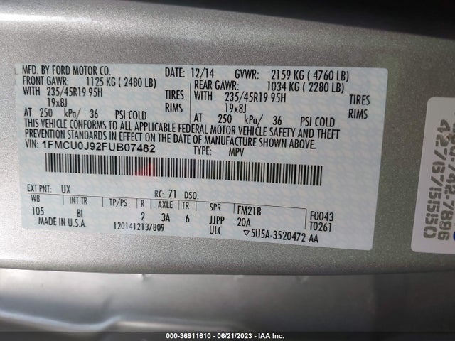 2015 FORD ESCAPE TITANIUM VIN: 1FMCU0J92FUB07482